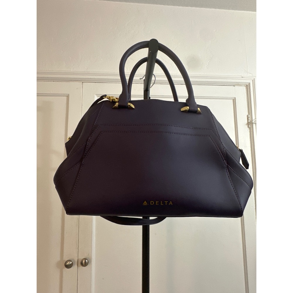 Delta Airlines Purple Leather Satchel Tote Bag Gold Accents Top‎ Handle